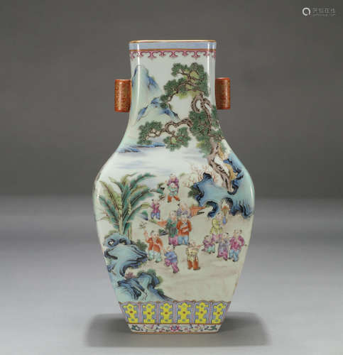 Chinese Famille Rose Children-At-Play Double Handle Porcelain Vase