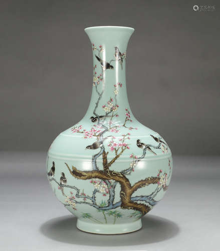 Chinese Pea Green Glaze Famille Rose Flower And Bird Porcelain Vase