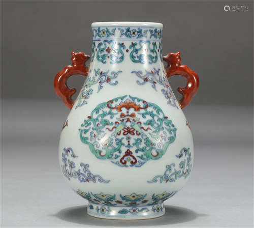 Chinese Famille Rose Doucai Flower Pattern Double Handle Vase