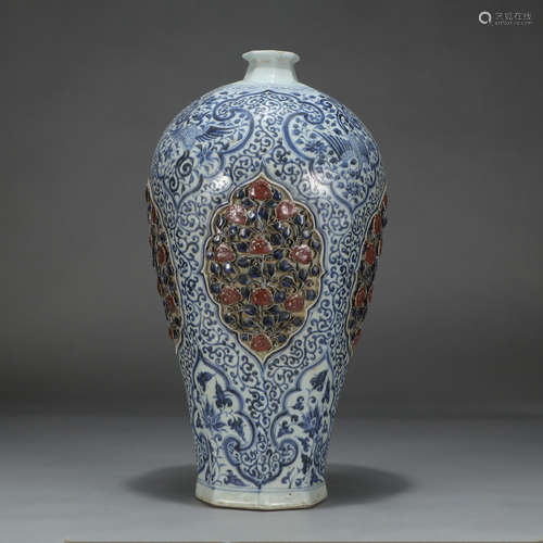 Chinese Blue White Underglaze-Red Flower Pattern Meiping