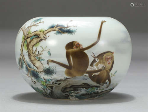 Chinese Famille Rose Monkey And Crane Porcelain Washer