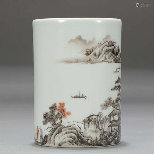 Chinese Famille Rose Landscape Porcelain Brush Pot