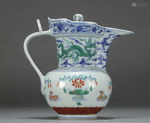 Chinese Doucai Mandarin Ducks And Lotus Pond Monk-Hat Pot