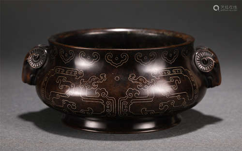 Chinese Bronze Inlaid Silver Pattern Double Beast Handle Censer