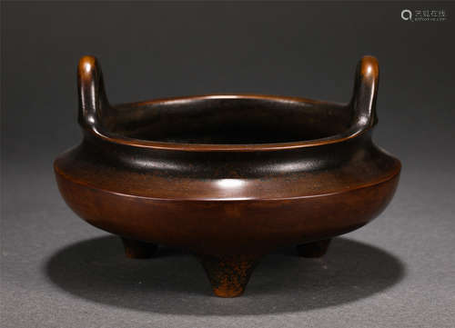 Chinese Bronze Triple Footed Double Upright Handle Censer