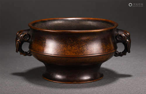 Chinese Bronze Double Elephant Handle Round Censer