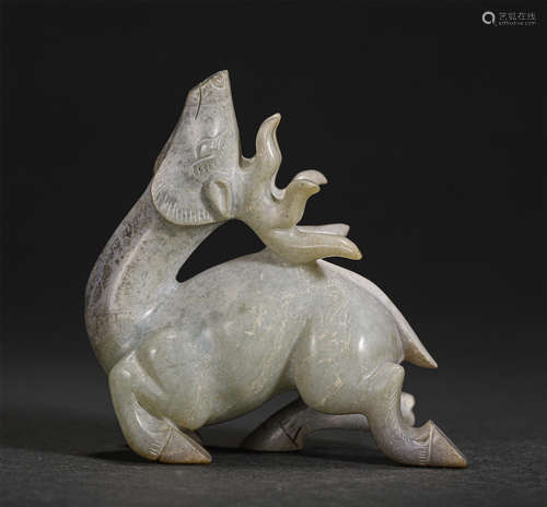 Chinese Hetian Jade Carved Kneeling Deer Ornament