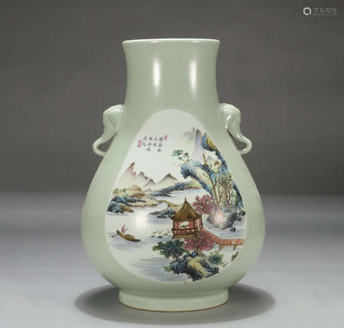 Chines Pea Green Glaze Famille Rose Landscape And Figure Vase