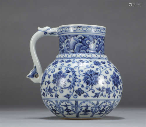 Chinese Blue White Lotus Pattern Single Beast Handle Pot