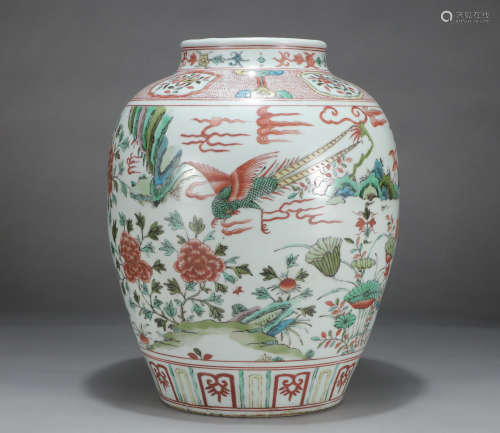 Chinese Wucai Flower Phoenix Pattern Porcelain Jar