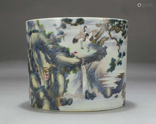 Chinese Famille Rose Landscape And Crane Porcelain Brush Pot