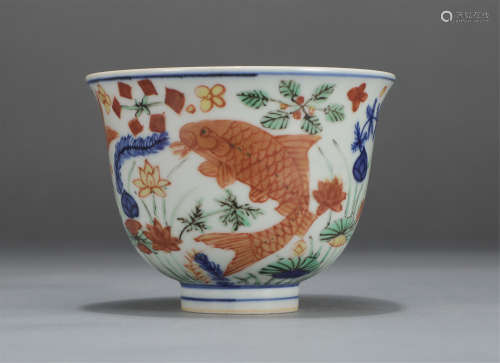 Chinese Wucai Fish And Flower Design Porcelain Bowl