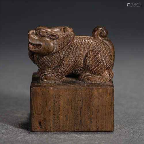 Chinese Agarwood Carved Beast Handle Seal