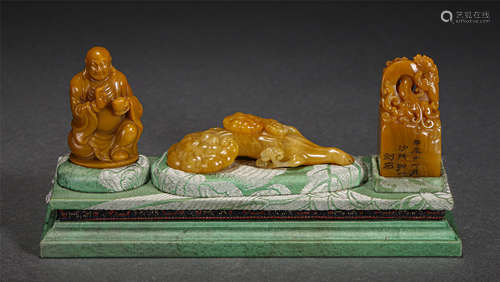 Set Of Three Chinese Yellow Soap Stone Carved Seals