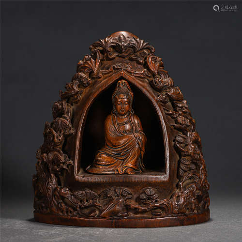 Chinese Bamboo Carved Niche Buddha Statue Ornament