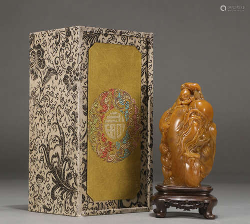 Chinese Shoushan Yellow Soap Stone Carved Longevity God Ornament