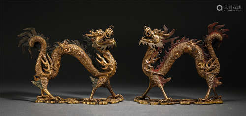 Pair Of Chinese Gilt Bronze Dragon Shape Ornaments