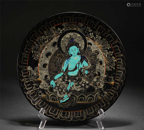 Chinese Lacquerware Bodhisattva Green Tara Design Dish