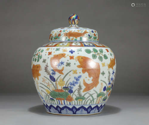 Chinese Wucai Fish And Flower Design Porcelain Lidded Jar