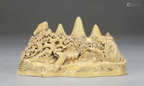 Chinese Yellow Glaze Porcelain Carved Landscape Brush Holder
