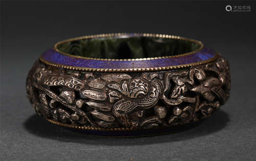 Chinese Inlaid Lapis Lazuli Dragon Pattern Silver Bangle