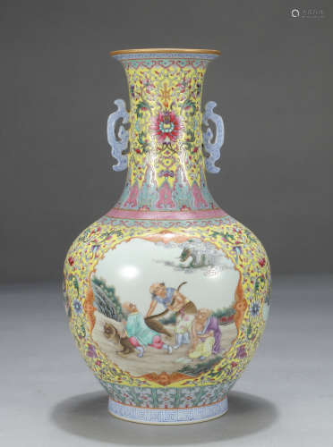 Chinese Yellow Ground Famille Rose Figure Story Double Handle Vase