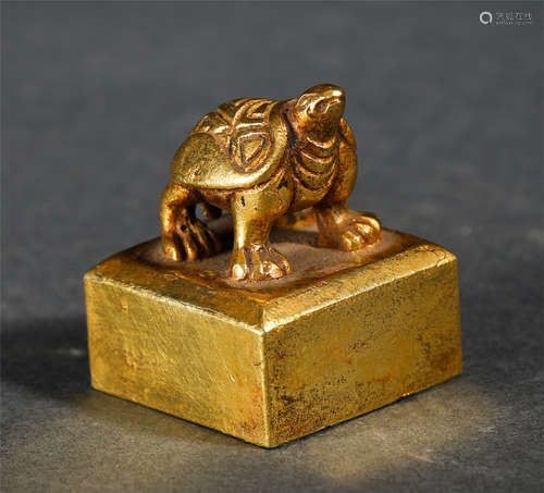 Chinese Gilt Bronze Tortoise Shape Handles Square Seal