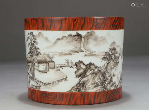 Chinese Woodgrain Glaze Ink-Color Landscape Brush Pot