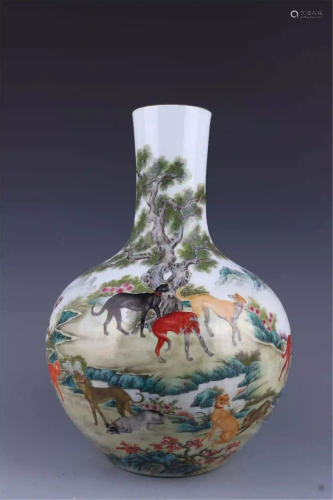 CHINESE PORCELAIN FAMILLE ROSE DOGS TIANQIU VASE
