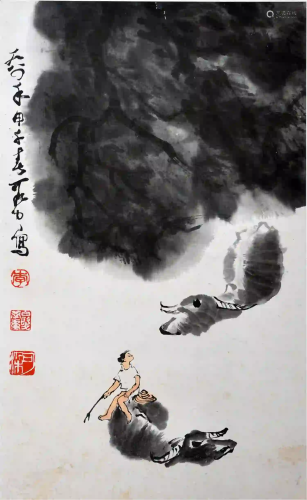 CHINESE SCROLL PAINTING OF BOY AND OX SIGNED BY LI