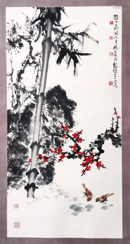 CHINESE SCROLL PAINTING OF BIRD AND BAMBOO SIGNED BY