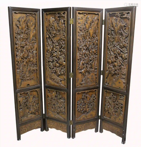 Heavily Carved Chinese Hardwood 4-Panel Screen