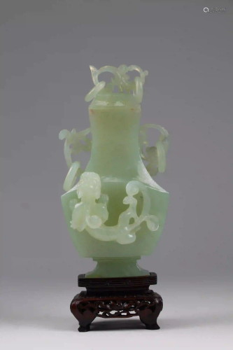 Chinese Carved Apple-Green Jade Vase on Stand