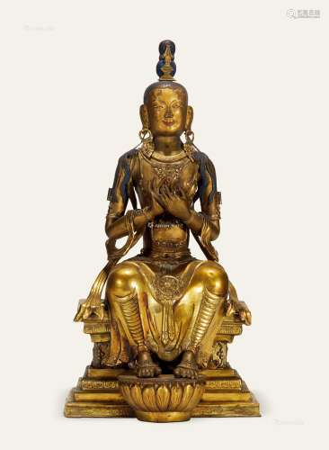 清康熙 铜鎏金锤揲弥勒座像