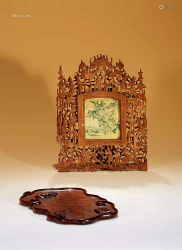 清 檀香木人物镜框、红木托盘