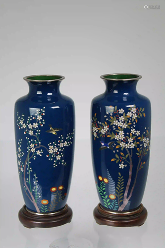 (2) Japanese Cloisonne Vases on Stand