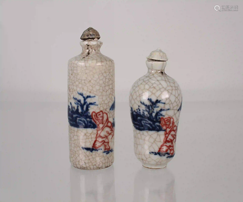 (2) Crackleware Snuff Bottles, Signed.