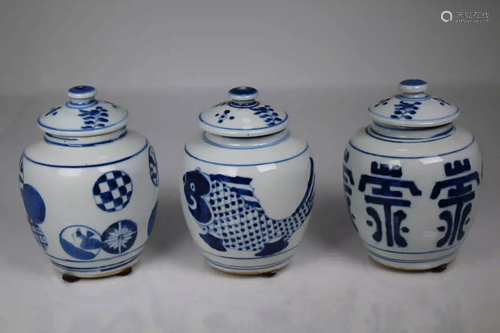 (3) Chinese Blue/White Porcelain Lidded Jars