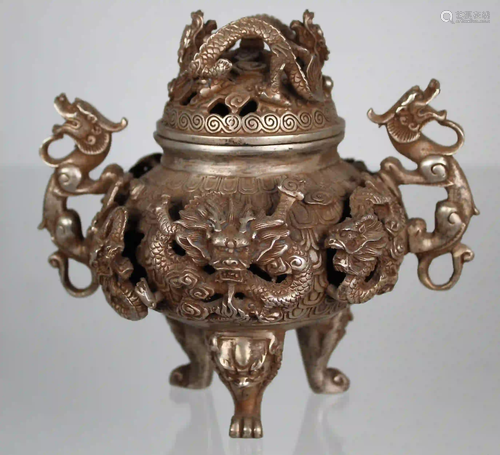 Chinese Silvered-Bronze Dragon Form Censer, Signed