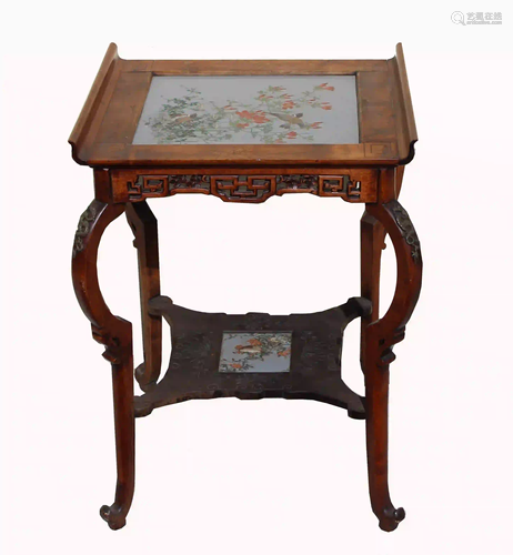 Chinese, Antique Cloisonne Inset Hardwood Table