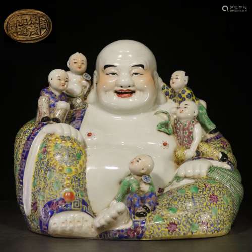 Famille Rose Porcelain Figure Of Buddha With Young