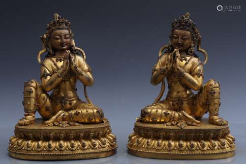 A Pair Of Magnificent Gilt-Bronze Seated Bodhisattva
