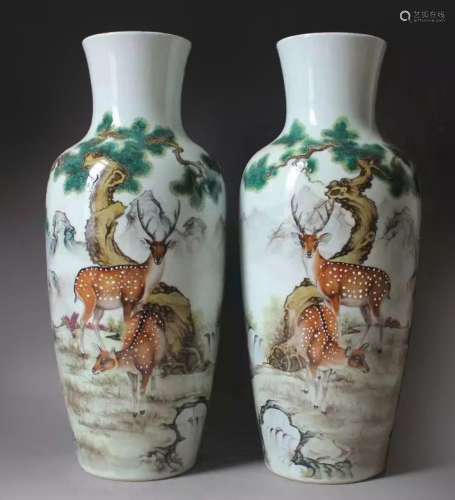 Pair Of Famille Rose 'Deer' Porcelain Vases with Mark
