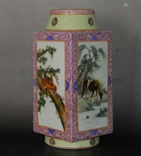Chinese Famille Rose Gilt-Decorated Cong Vase