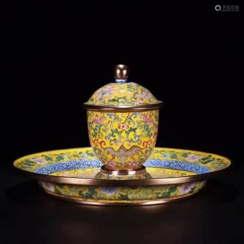 Finely Enameled Bronze Teacup and Saucer, Qianlong Mark