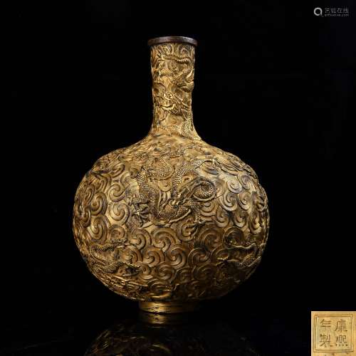 Intricately Detailed Gilt Bronze Dragon Vase, Kangxi Ma