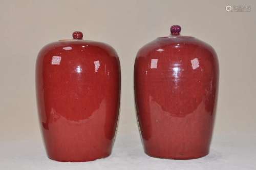 Pair Of Qing Red-Glazed Porcelain Lidded Jar