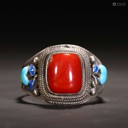 Chinese Old Silver Coral Pendant Ring