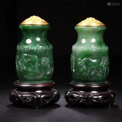 Pair of Fine Carved Spinach Jade Incense Holder