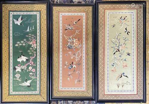 Set of Three Silk Embroidered Flower Panels